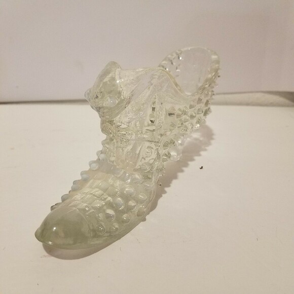 Fenton Clear Glass Hobnail Shoe Slipper with Cat head - Partial Opalescent - Picture 7 of 12